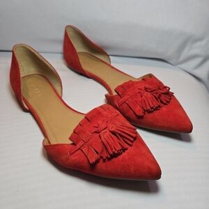 J Crew Factory Red Orange Pointed Toe Tassel Fringe Suede Flats Shoes, Sz 8.5